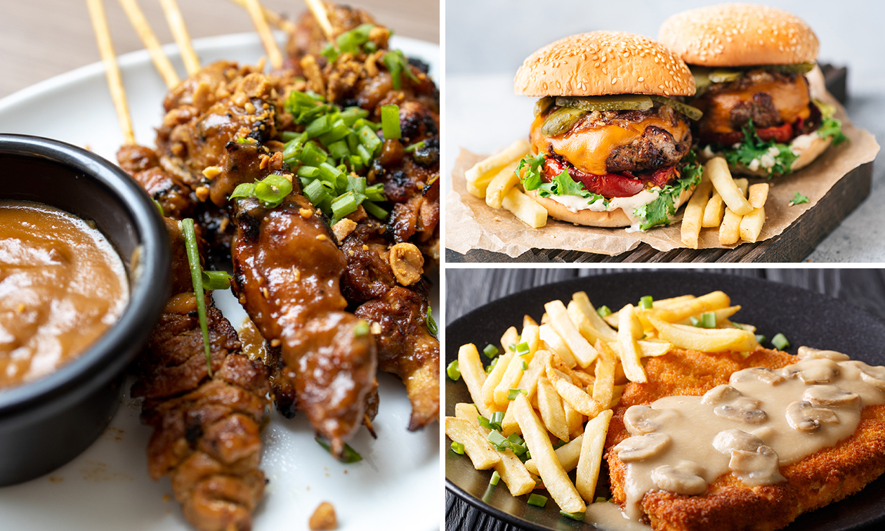 Burger, schnitzel of kipsaté naar keuze + patat + rauwkost voor afhaal