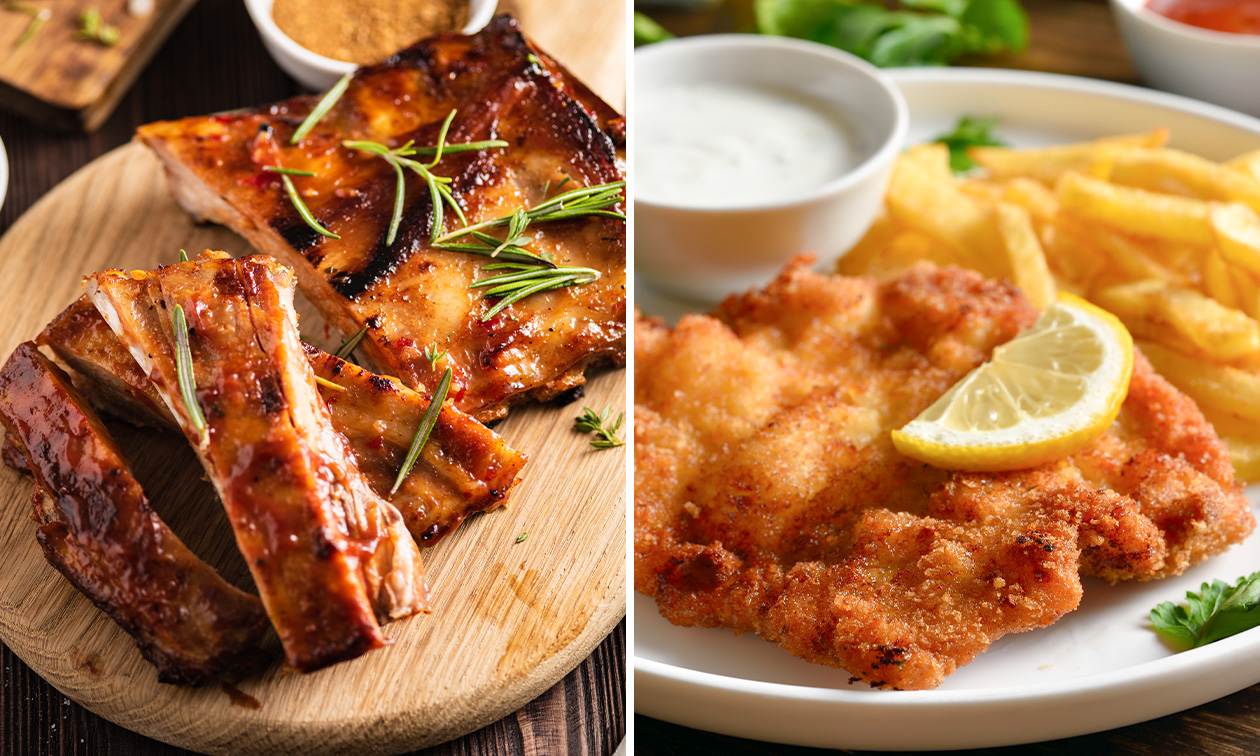 Voor afhaal: spareribs of schnitzel + friet, saus en salade