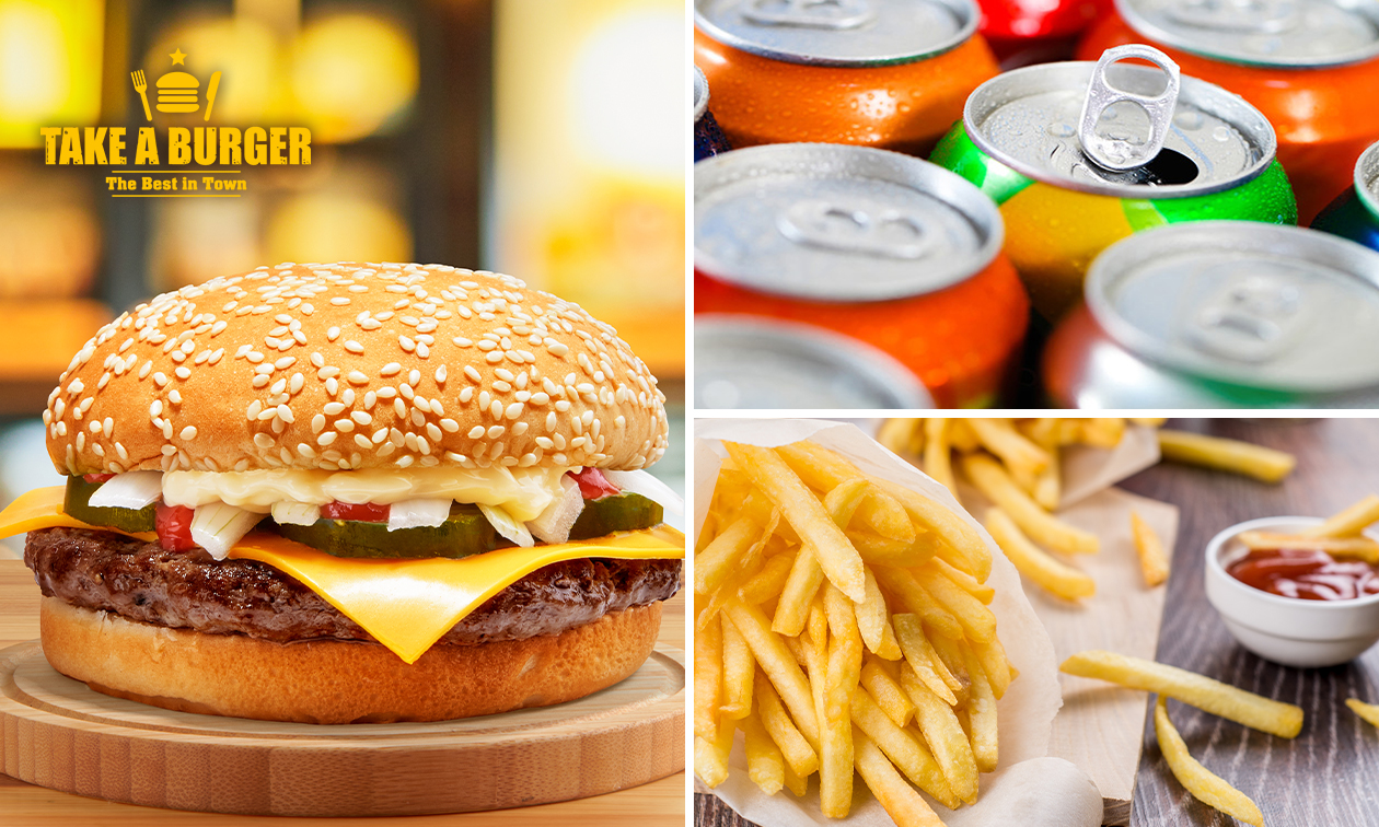 Burger + friet + frisdrank naar keuze, evt. voor afhaal bij Take a Burger Uden