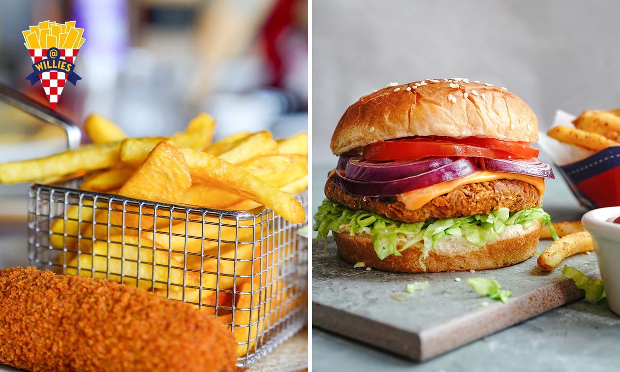 Friet + saus + snack of luxe burger naar keuze met friet