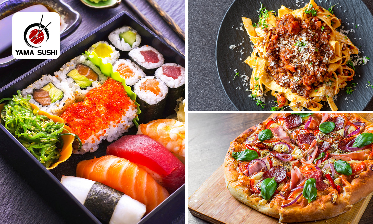Pizza of pasta + drankje + bijgerecht, schotel of sushibox (38 stuks) voor afhaal